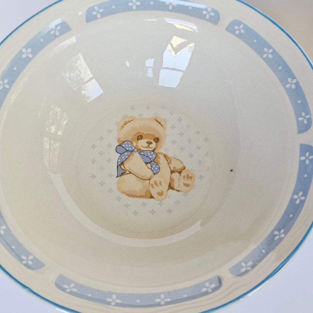 Vintage Tienshan Stoneware Teddy Bear Cereal Bowls Set of 6 Blue Nursery Kitsch - Picture 7 of 15